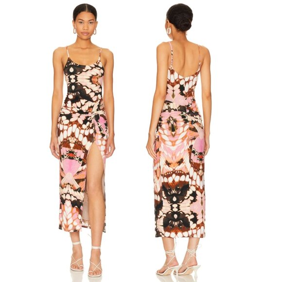 NWT NEW H:ours Inez Midi Dress | Tan & Pink Abstract Ruched Slit | Size XS - Picture 1 of 8
